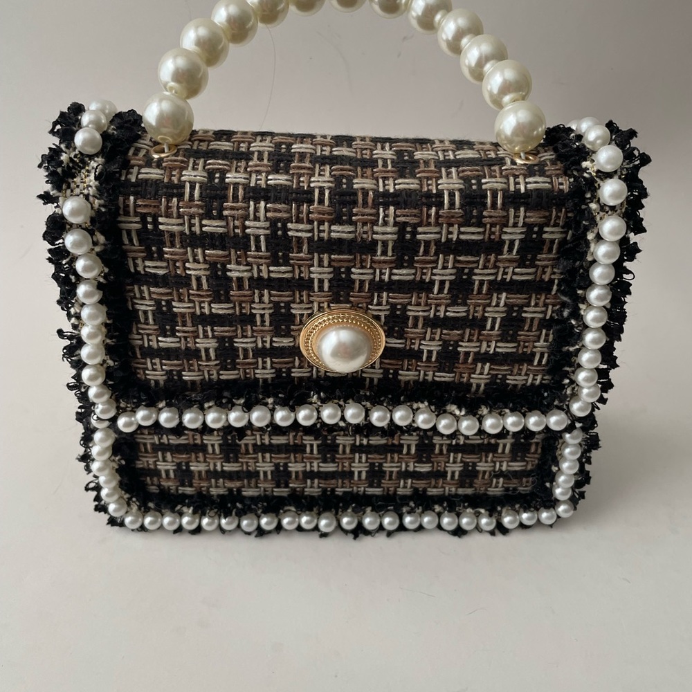 Elegant Pearl-Embellished Black and Brown Handbag